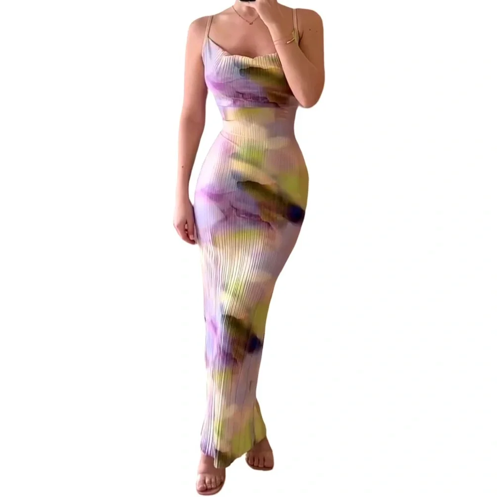 PLT Women’s multicolor watercolor plisse maxi dress | cowl neck | | size 6 | NWT - Picture 3 of 11